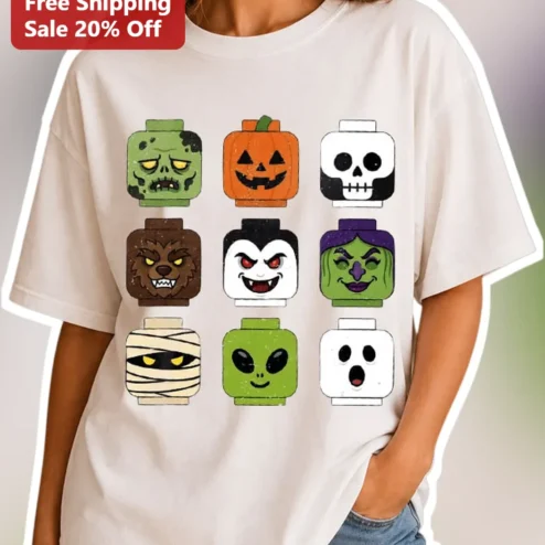 Halloween Brick Head Monsters Tee Funny Spooky Zombie Ghost Pumpkin Skull Graphic Shirt for Kids LEGO Fans
