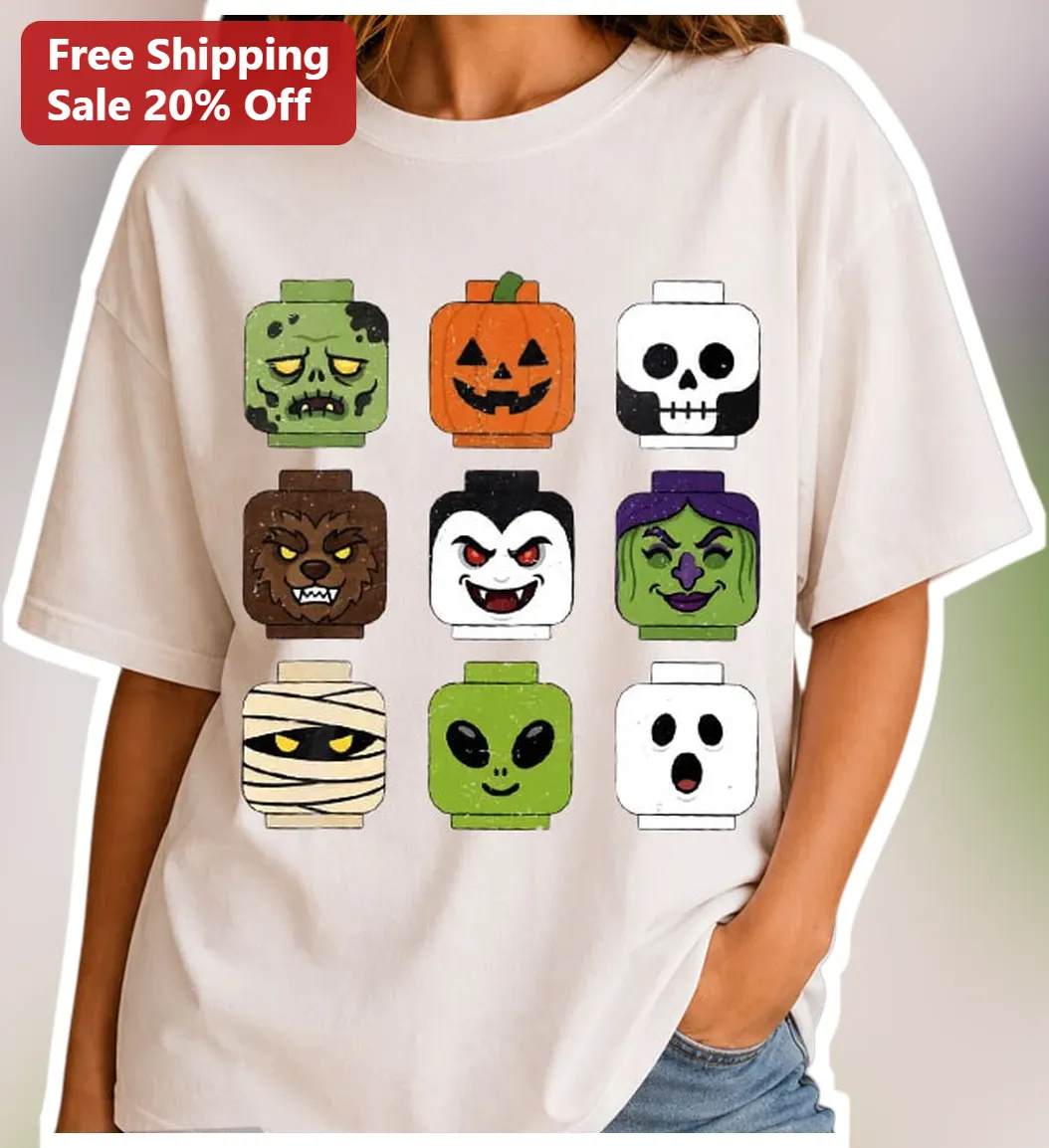 Halloween Brick Head Monsters Tee Funny Spooky Zombie Ghost Pumpkin Skull Graphic Shirt for Kids LEGO Fans