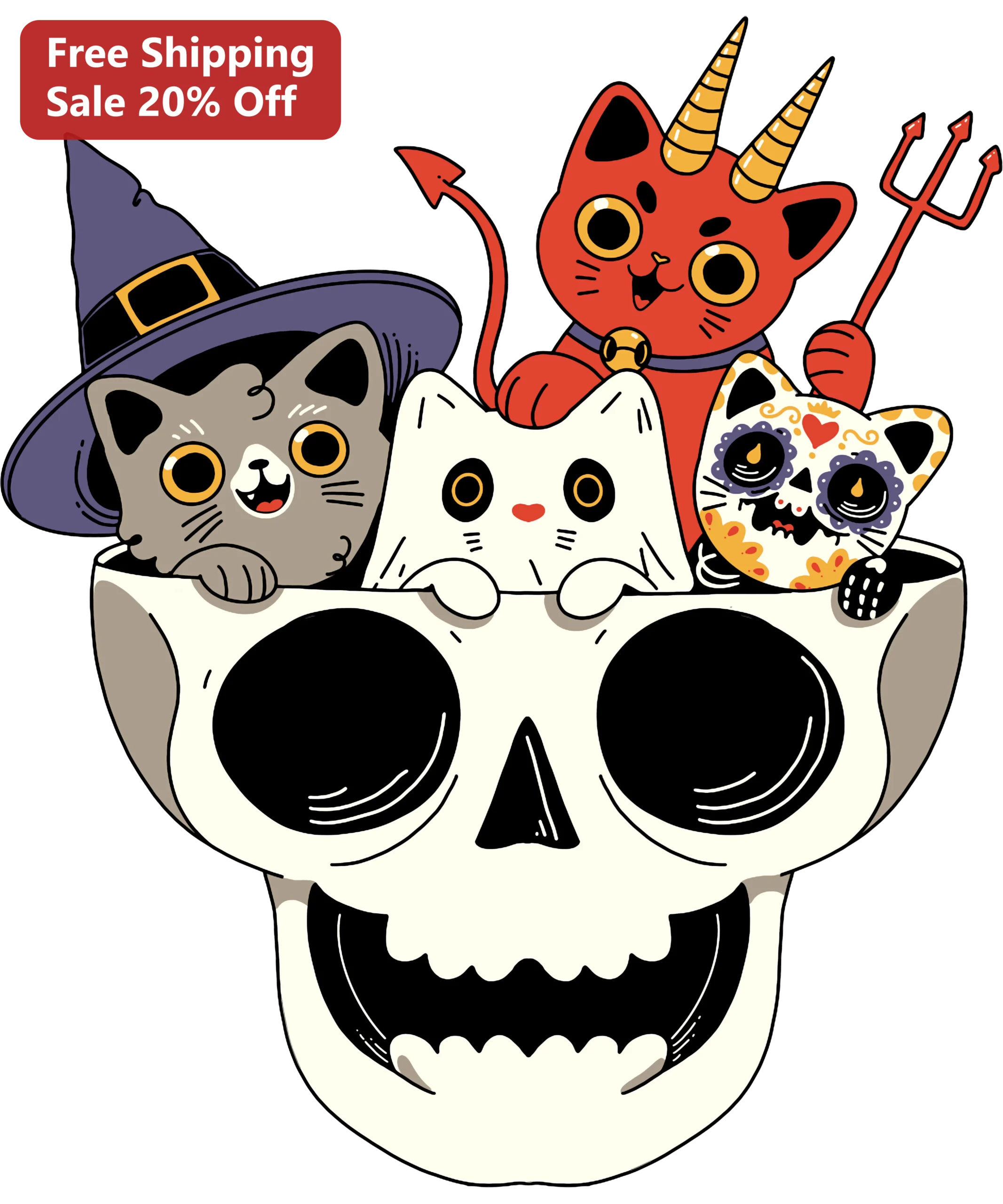 Halloween Cat Skull Graphic Digital Art Kawaii Witch Devil Ghost Sugar Skull Illustration Printable SVG Clipart for DIY Crafts