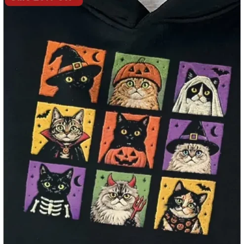 Halloween Costumed Cats Grid Hoodie Spooky Cute Cat Lover Gift
