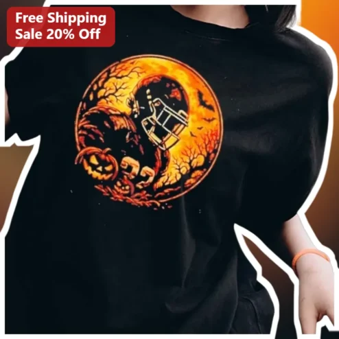 Halloween Football Moon Silhouette Tee Spooky Sports Graphic Shirt for Men Women