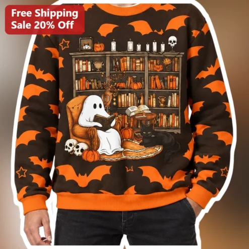 Halloween Ghost Reading Book Sweatshirt Cute Spooky Bookworm Graphic Crewneck for Women Men