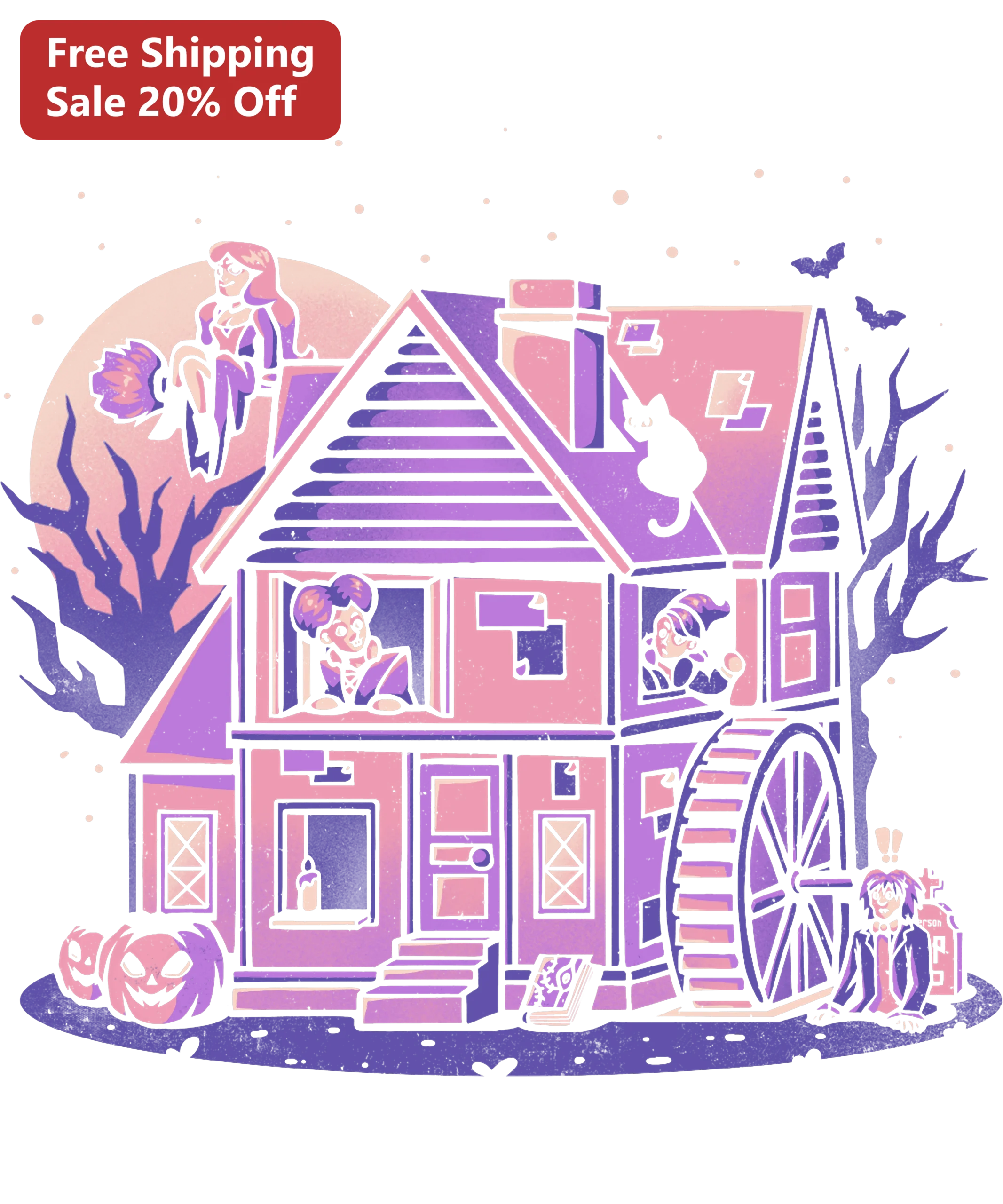 Halloween Haunted House Illustration Tee Vintage Spooky Cute Witch Graphic Shirt for Women Men Halloween Party Gift