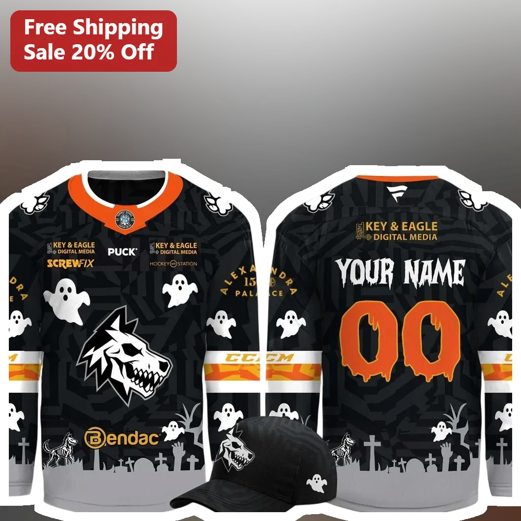 Halloween Hockey Jersey Black Wolf Ghost Skeleton Dog Spooky Team Apparel