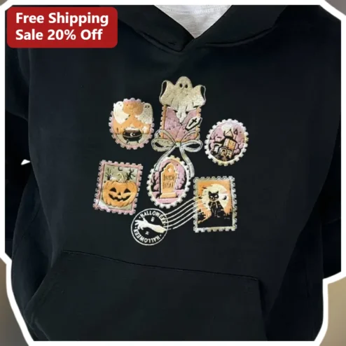 Halloween Hoodie Vintage Postage Stamp Design Spooky Ghost Pumpkin Black Pullover for Men Women