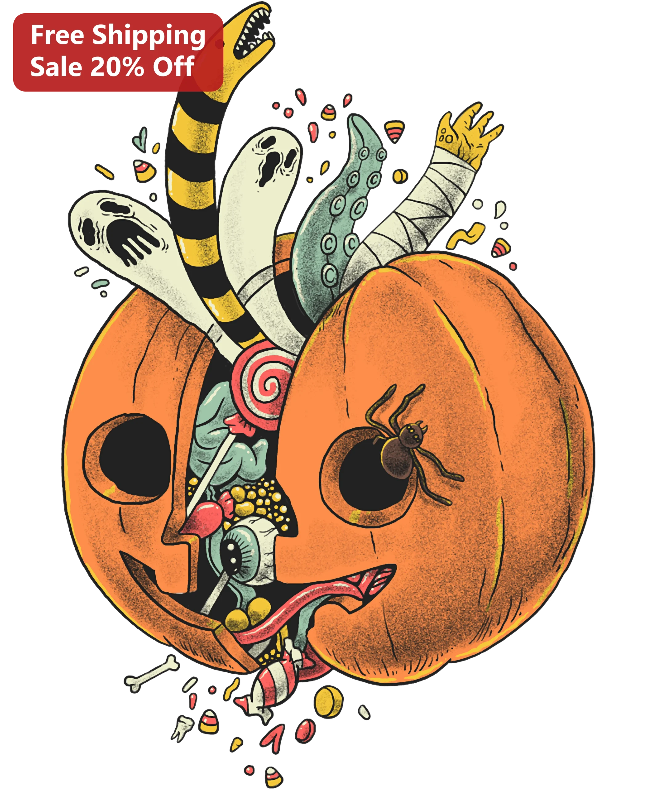 Halloween Jack-O-Lantern Candy Burst Illustration Tee Retro Spooky Pumpkin Graphic Shirt