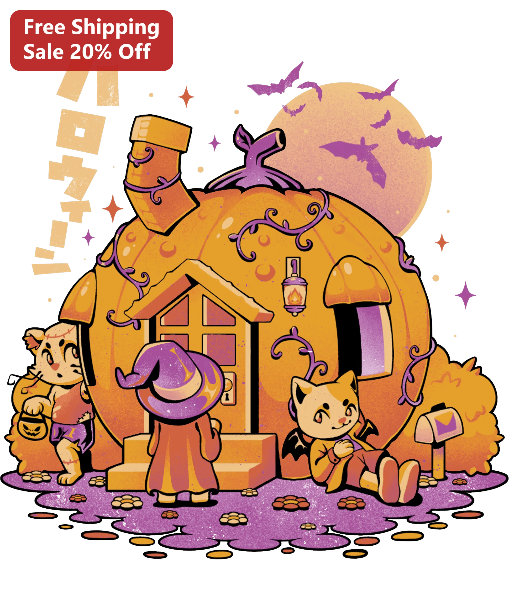 Halloween Pumpkin House Illustration Cute Spooky Cat Tee