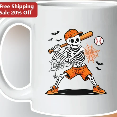 Halloween Skeleton Baseball Player Mug Funny Spooky Sports Gift for Baseball Fans