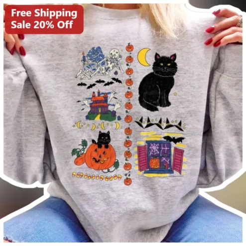 Halloween Skeleton Cat Haunted House Collage Sweatshirt Cute Spooky Autumn Apparel Gift