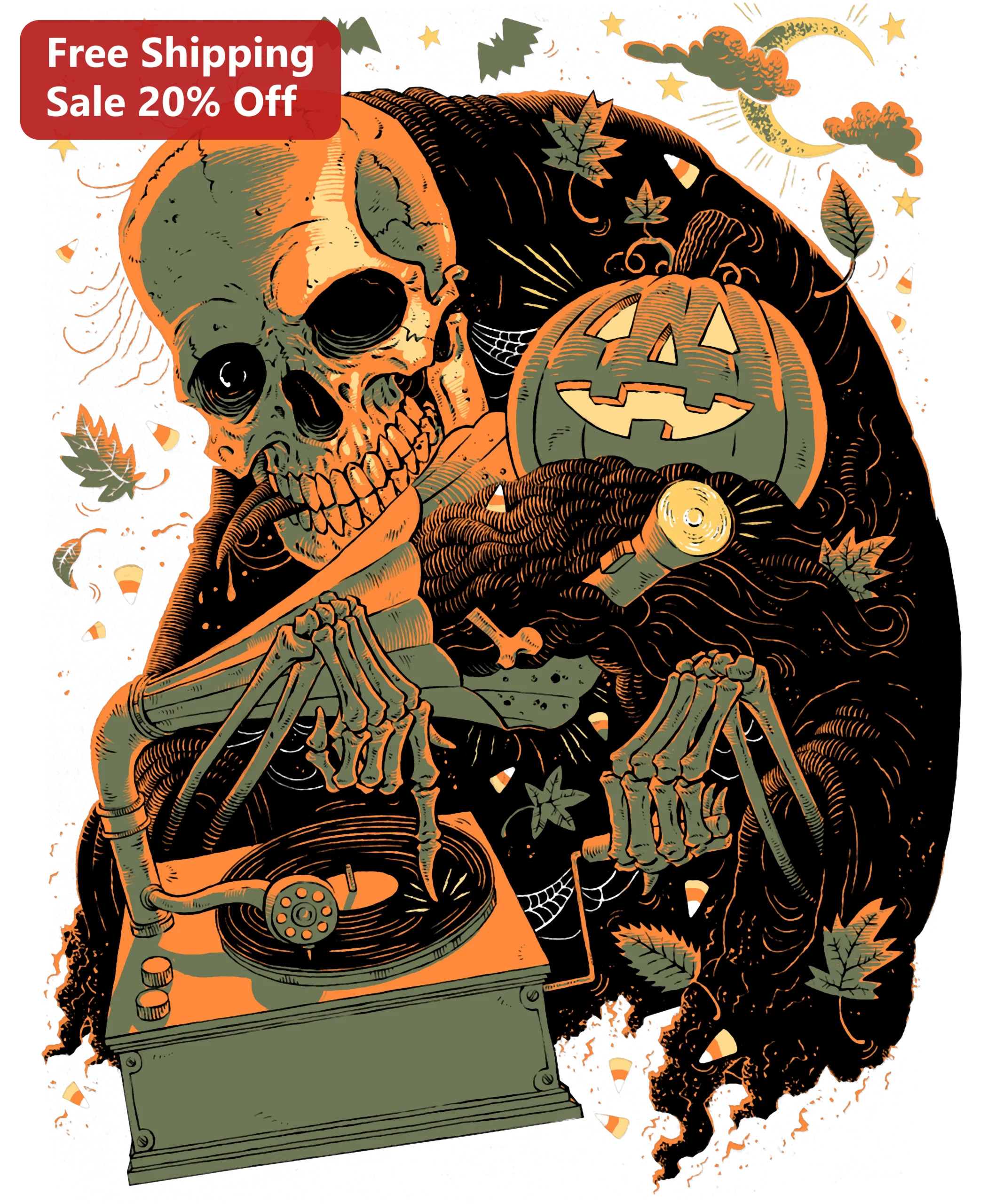 Halloween Skeleton DJ Turntable Illustration Tee Vintage Spooky Music Lover Graphic Shirt for DJs Halloween Party