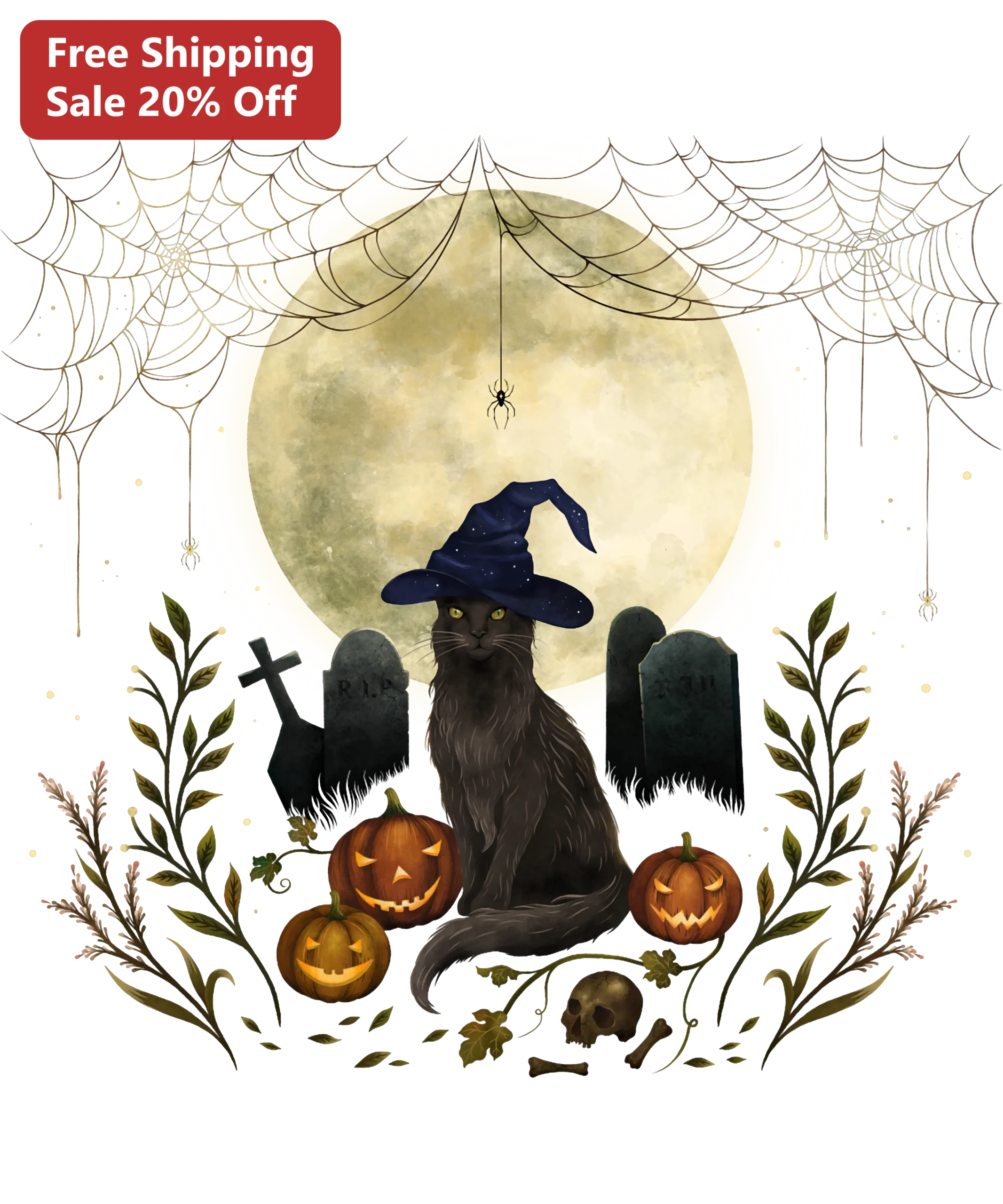 Halloween Witch Cat Moon PNG Graphic Digital Download Spooky Cute Watercolor Illustration for DIY Crafts