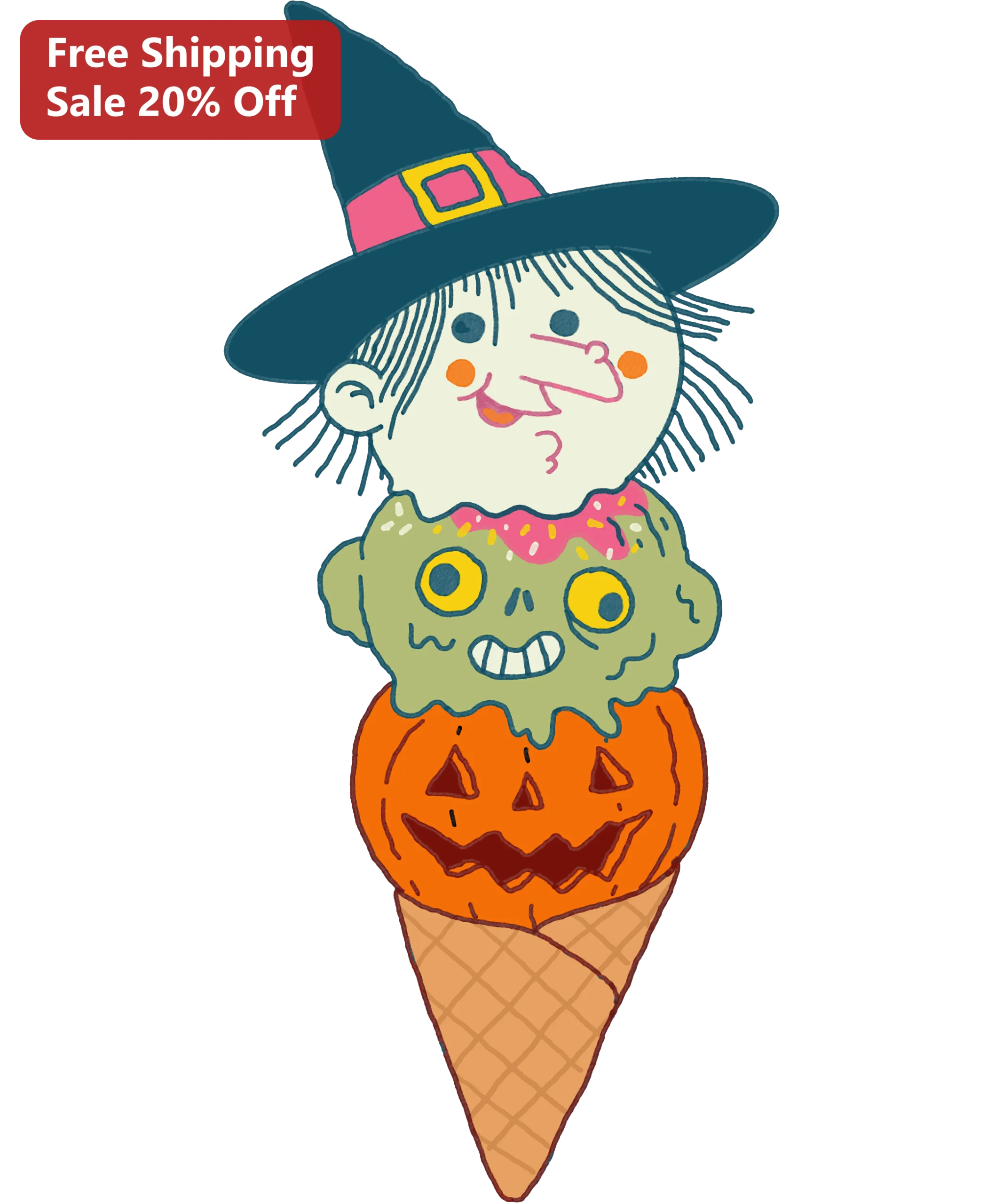 Halloween Witch Zombie Pumpkin Ice Cream Cone Decal Spooky Cute Cartoon Illustration