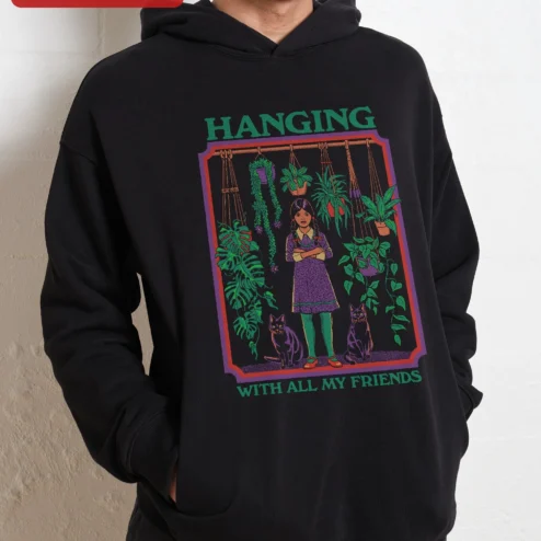 Hanging With All My Friends Hoodie Wednesday Addams Plant Mom Gothic Cute Gift on a hanger, ready to ship from Chicago, Illinois