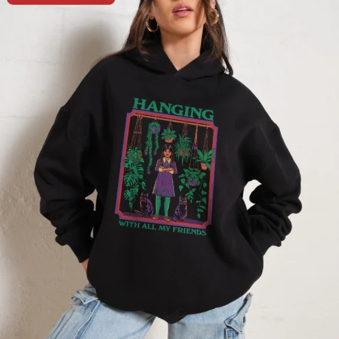 Customer in Chicago, Illinois wearing Hanging With All My Friends Hoodie Wednesday Addams Plant Mom Gothic Cute Gift