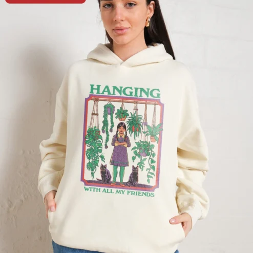 Close-up of Hanging With All My Friends Hoodie Wednesday Addams Plant Mom Gothic Cute Gift for streetwear fans in Chicago, Illinois