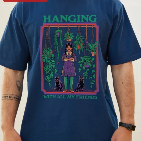 Close-up of Hanging With All My Friends Wednesday Addams Graphic Tee Retro Goth Plant Mom Shirt for streetwear fans in Chicago, Illinois