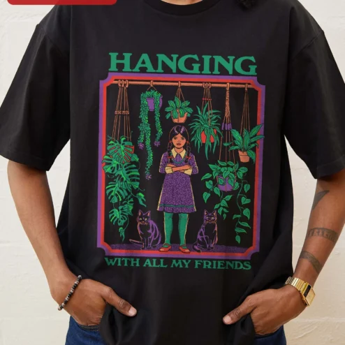 Hanging With All My Friends Wednesday Addams Graphic Tee Retro Goth Plant Mom Shirt