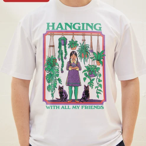 Customer in Chicago, Illinois wearing Hanging With All My Friends Wednesday Addams Graphic Tee Retro Goth Plant Mom Shirt