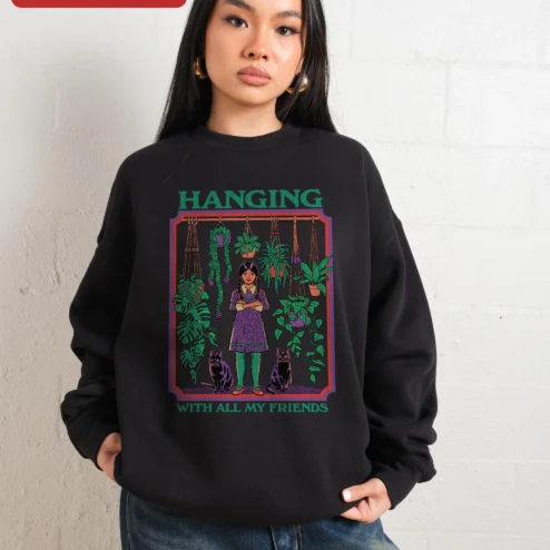Customer in Chicago, Illinois wearing Hanging With All My Friends Wednesday Addams Sweatshirt Gothic Crewneck Spooky Season Gift