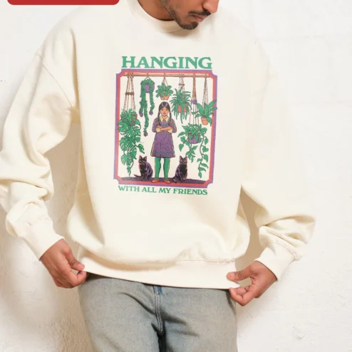 Close-up of Hanging With All My Friends Wednesday Addams Sweatshirt Gothic Crewneck Spooky Season Gift for streetwear fans in Chicago, Illinois