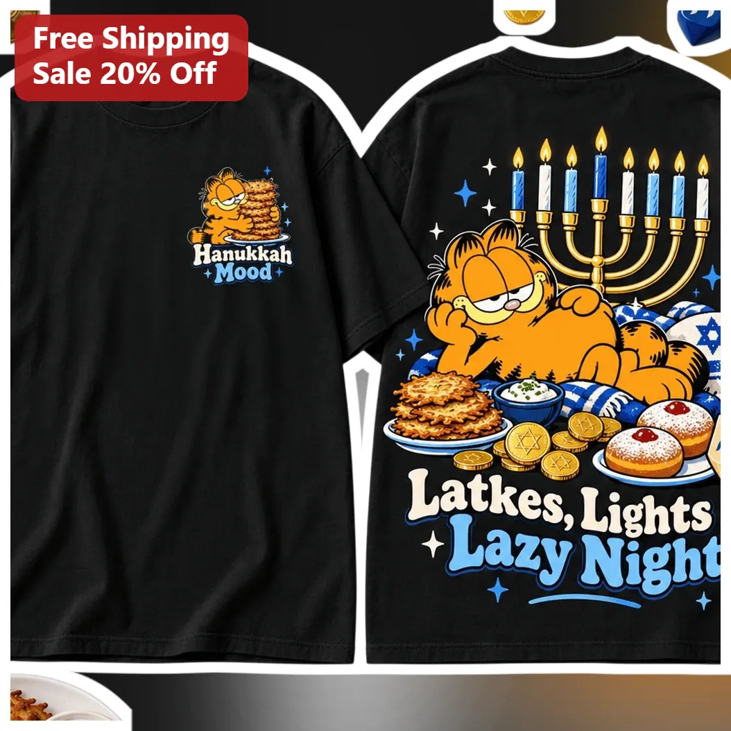 Hanukkah Mood Latkes Lights Lazy Night Garfield Tee Funny Jewish Holiday Gift