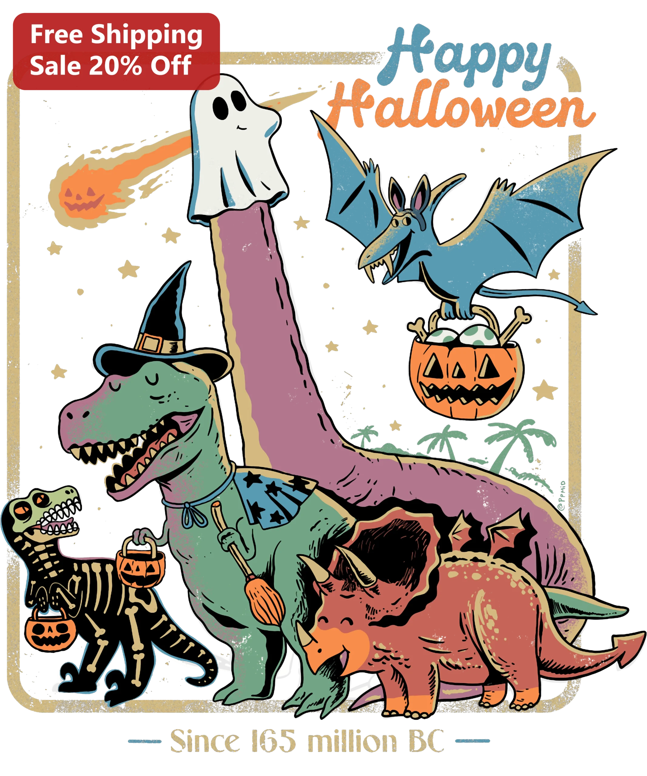 Happy Halloween Since Million BC Retro Dinosaur Costume Graphic Tee Funny Dino Trick Or Treat Shirt Gift