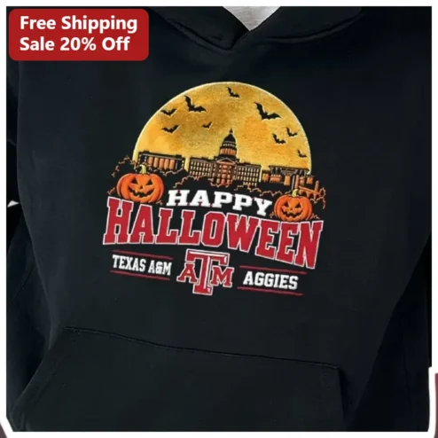 Happy Halloween Texas A&M Aggies Hoodie Spooky Campus Moon Graphic Pullover Gift for Fans available at our Chicago, Illinois warehouse