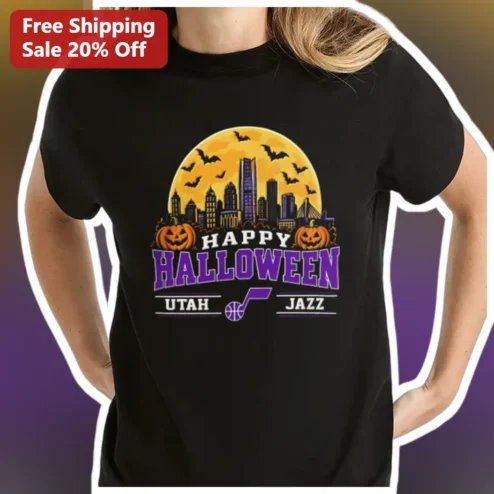 Happy Halloween Utah Jazz Tee Spooky Fan Gift Black Cotton Shirt