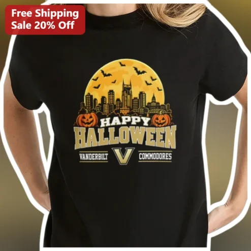 Happy Halloween Vanderbilt Commodores Tee Nashville Skyline Moon Bats Jack-O-Lanterns Gift for Fans