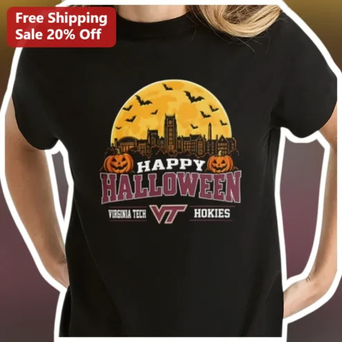 Happy Halloween Virginia Tech Hokies Graphic Tee VT Campus Skyline Moon Shirt