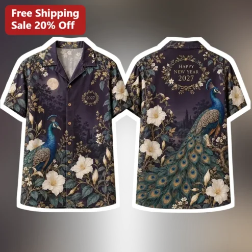 Happy New Year 2027 Shirt Peacock Magnolia Floral Button Down Vintage Botanical NYE Party Gift available at our Chicago, Illinois warehouse