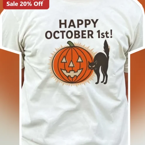 Happy October 1st Tee Cute Cat and Pumpkin Halloween Kickoff Shirt for Women