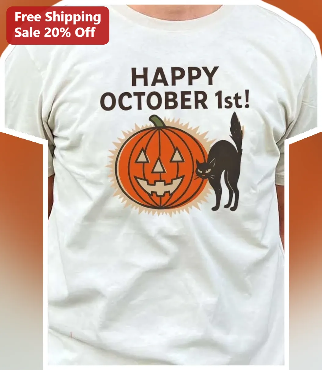 Happy October 1st Tee Cute Cat and Pumpkin Halloween Kickoff Shirt for Women