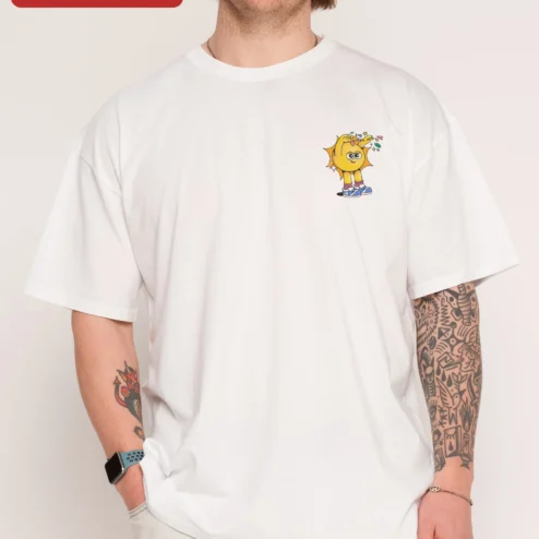 Happy Sun Character Graphic Tee Retro Cartoon Mascot Shirt Cute Summer Gift on a hanger, ready to ship from Chicago, Illinois