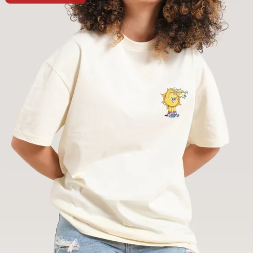 Customer in Chicago, Illinois wearing Happy Sun Character Graphic Tee Retro Cartoon Mascot Shirt Cute Summer Gift
