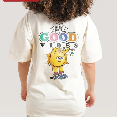Close-up of Happy Sun Character Graphic Tee Retro Cartoon Mascot Shirt Cute Summer Gift for streetwear fans in Chicago, Illinois