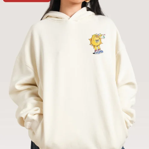Happy Sun Character Hoodie Cute Retro Cartoon Smiling Sun Graphic Sweatshirt for Kids and Men on a hanger, ready to ship from Chicago, Illinois