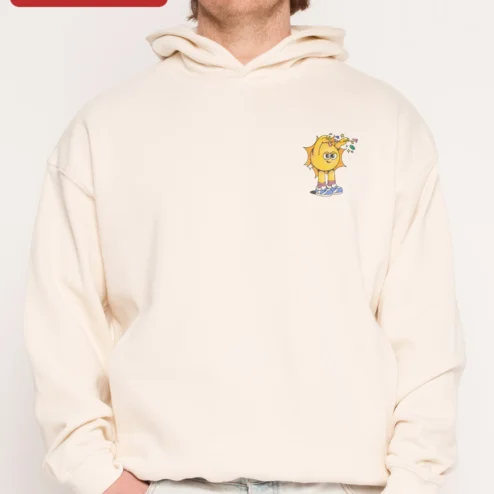 Close-up of Happy Sun Character Hoodie Cute Retro Cartoon Smiling Sun Graphic Sweatshirt for Kids and Men for streetwear fans in Chicago, Illinois