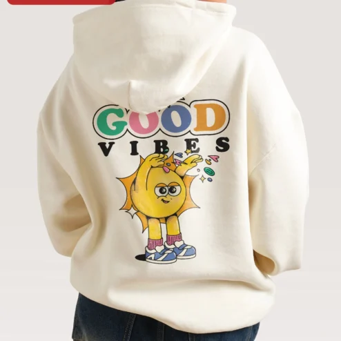 Customer in Chicago, Illinois wearing Happy Sun Character Hoodie Cute Retro Cartoon Smiling Sun Graphic Sweatshirt for Kids and Men