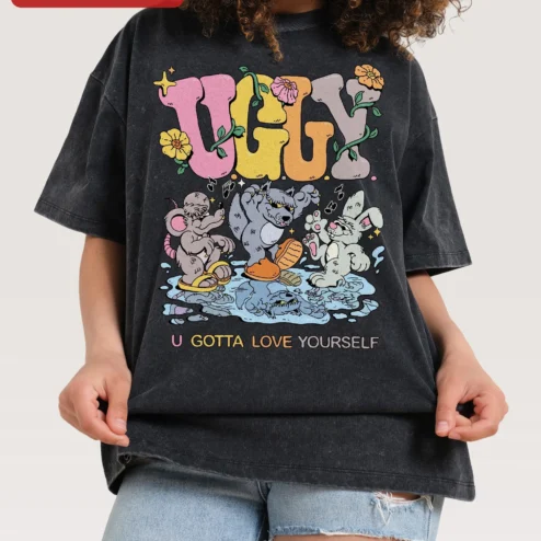 Happy U Gotta Love Yourself Self Love Graphic Tee Cute Cartoon Animal Vintage Wash Shirt