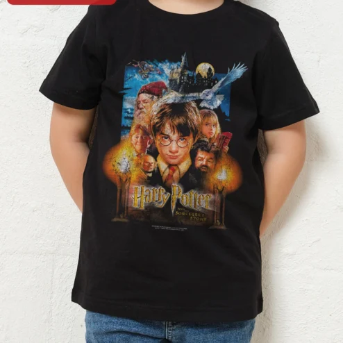 Harry Potter and the Sorcerer's Stone Movie Poster Collage Graphic Tee for Kids on a hanger, ready to ship from Chicago, Illinois