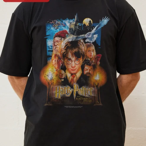 Close-up of Harry Potter and the Sorcerer's Stone Vintage Movie Poster Tee Wizarding World Fan Gift for streetwear fans in Chicago, Illinois
