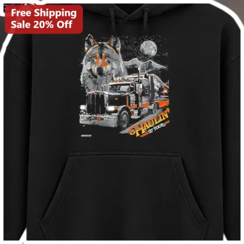HAULIN' 27 TOURS Hoodie Wolf Semi Truck Graphic Pullover for Men Women