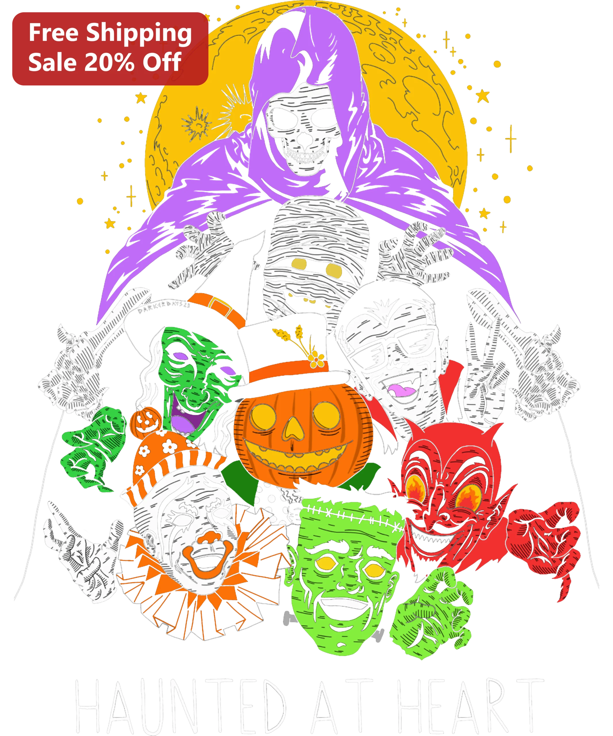Haunted At Heart Halloween Spooky Monsters Graphic Tee Gothic Romance Shirt