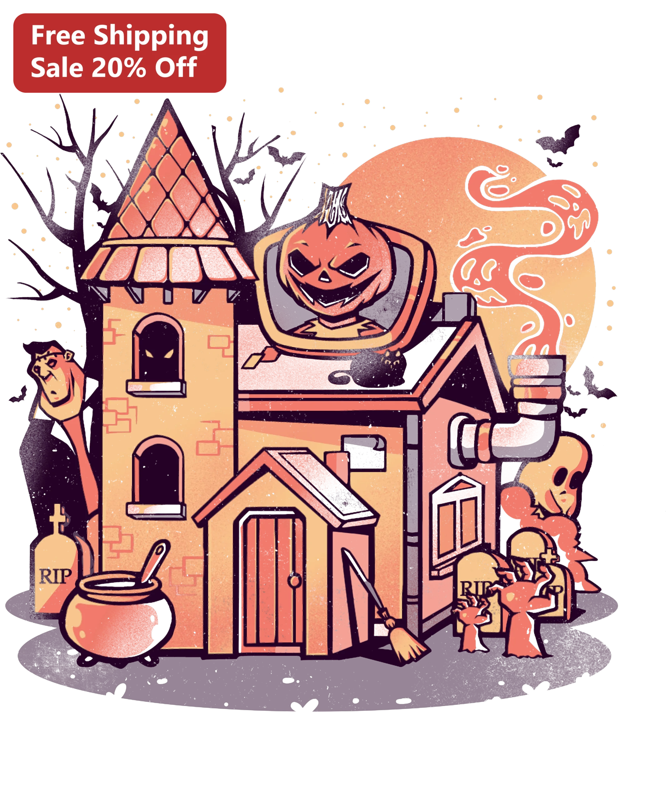 Haunted House Halloween Design Tee Spooky Cute Pumpkin Ghost Graphic Shirt for Women Men