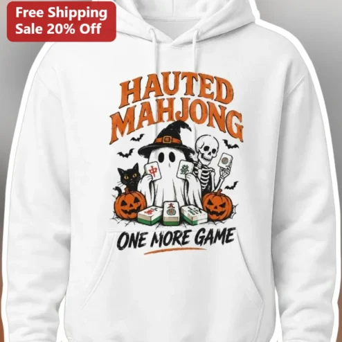 Hauted Mahjong One More Game Hoodie Halloween Ghost Skeleton Cat Graphic Pullover Gift for Gamers