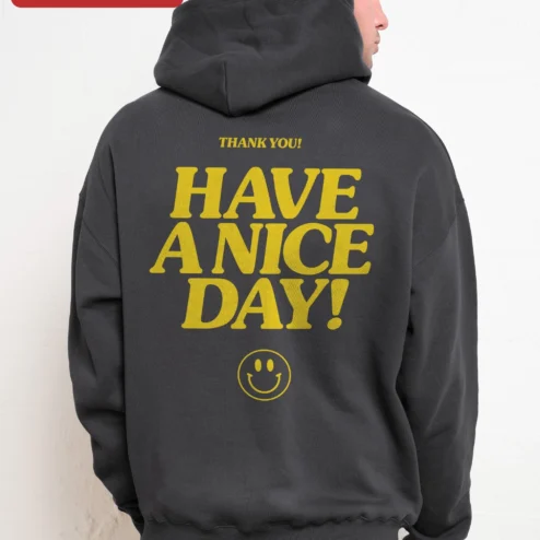 Have A Nice Day! Hoodie Retro Yellow Smiley Face Positive Message Sweatshirt for Women Men on a hanger, ready to ship from Chicago, Illinois