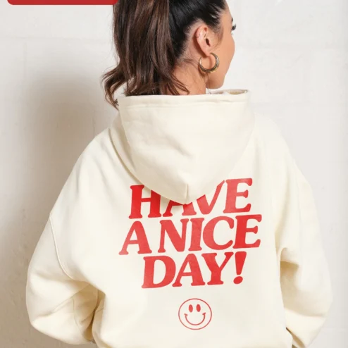 Customer in Chicago, Illinois wearing Have A Nice Day! Hoodie Retro Yellow Smiley Face Positive Message Sweatshirt for Women Men