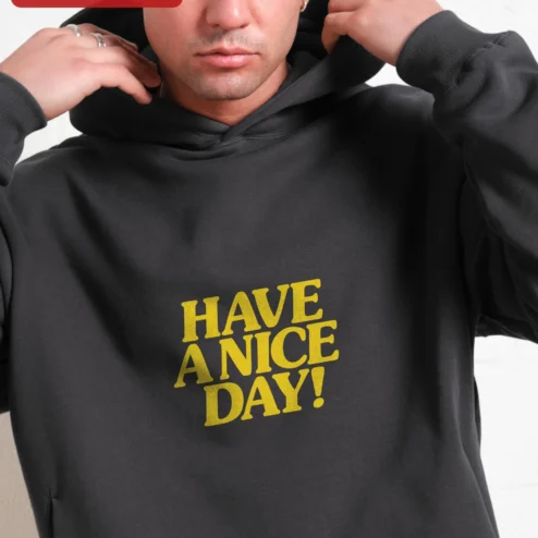 Customer in Chicago, Illinois wearing Have A Nice Day! Hoodie Retro Yellow Smiley Face Positive Message Sweatshirt for Women Men