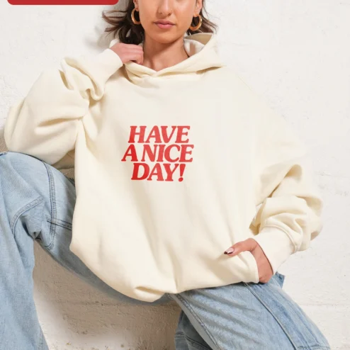 Close-up of Have A Nice Day! Hoodie Retro Yellow Smiley Face Positive Message Sweatshirt for Women Men for streetwear fans in Chicago, Illinois